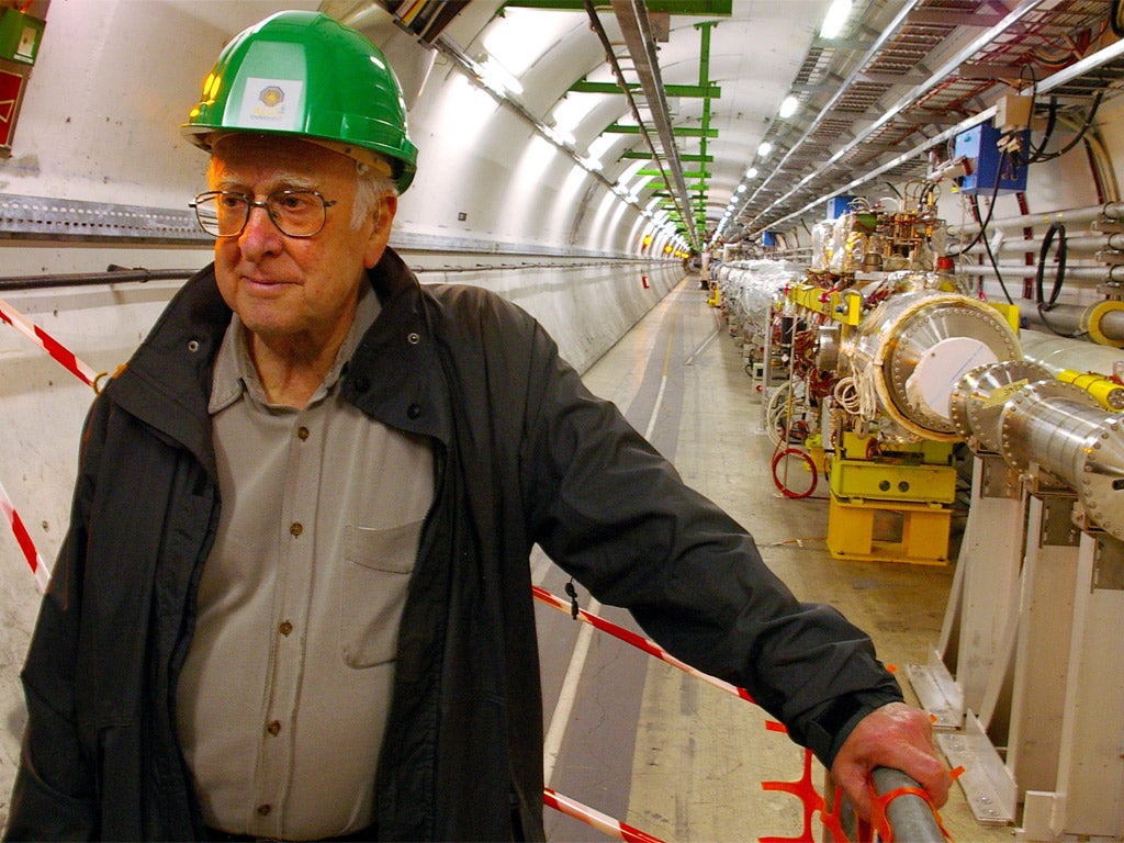 Professor Higgs inside the Large Hadron Collider at CERN, the machine that proved the existence of the particle that was named after him