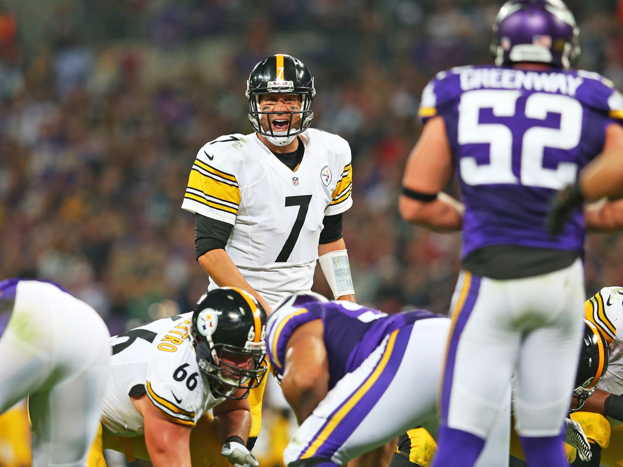 Pittsburgh Quarterback Ben Roethlisberger shouts instructions during last month's NFL International Series game between Pittsburgh Steelers and Minnesota Vikings