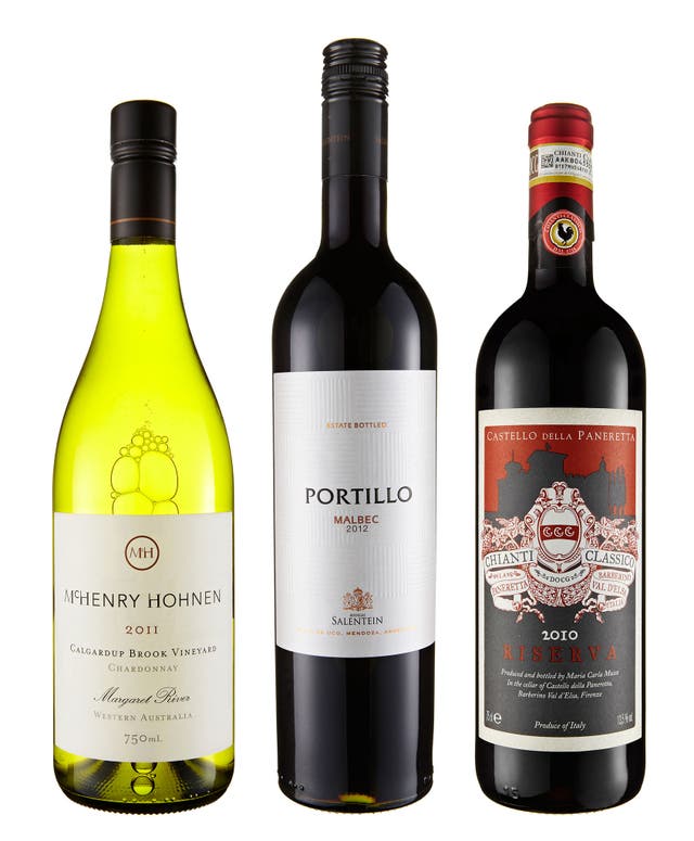 2011 McHenry Hohnen Calgardup Chardonnay Margaret River; 2012 Portillo Malbec; 2010 Castello della Paneretta Chianti Classico Riserva