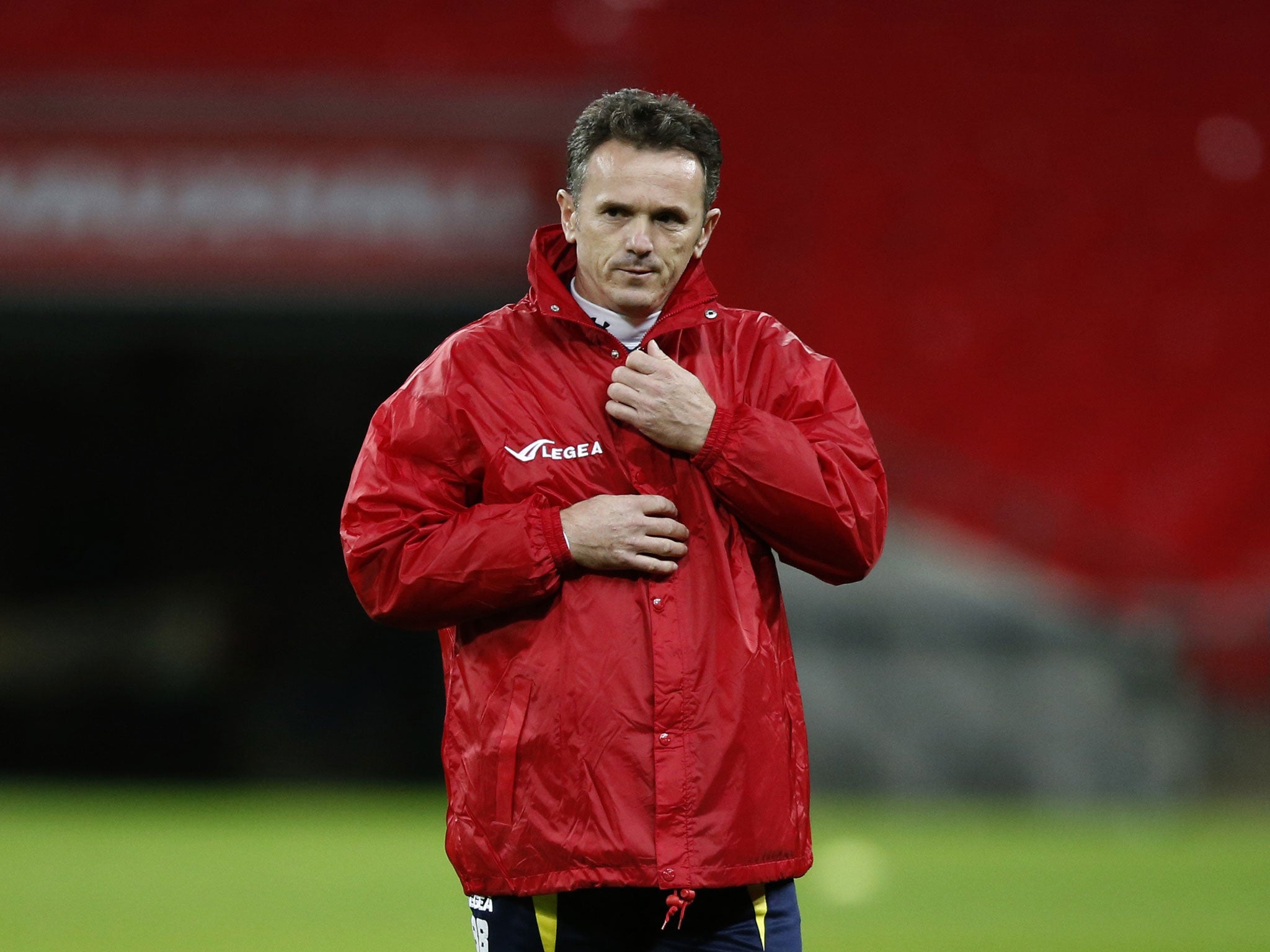 Montenegro's Branko Brnovic watches training at Wembley