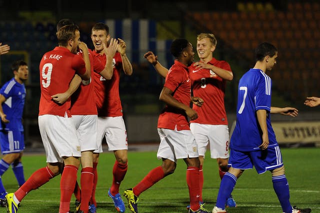 England Under-21s celebrate after scoring in the 4-0 victory over San Marino