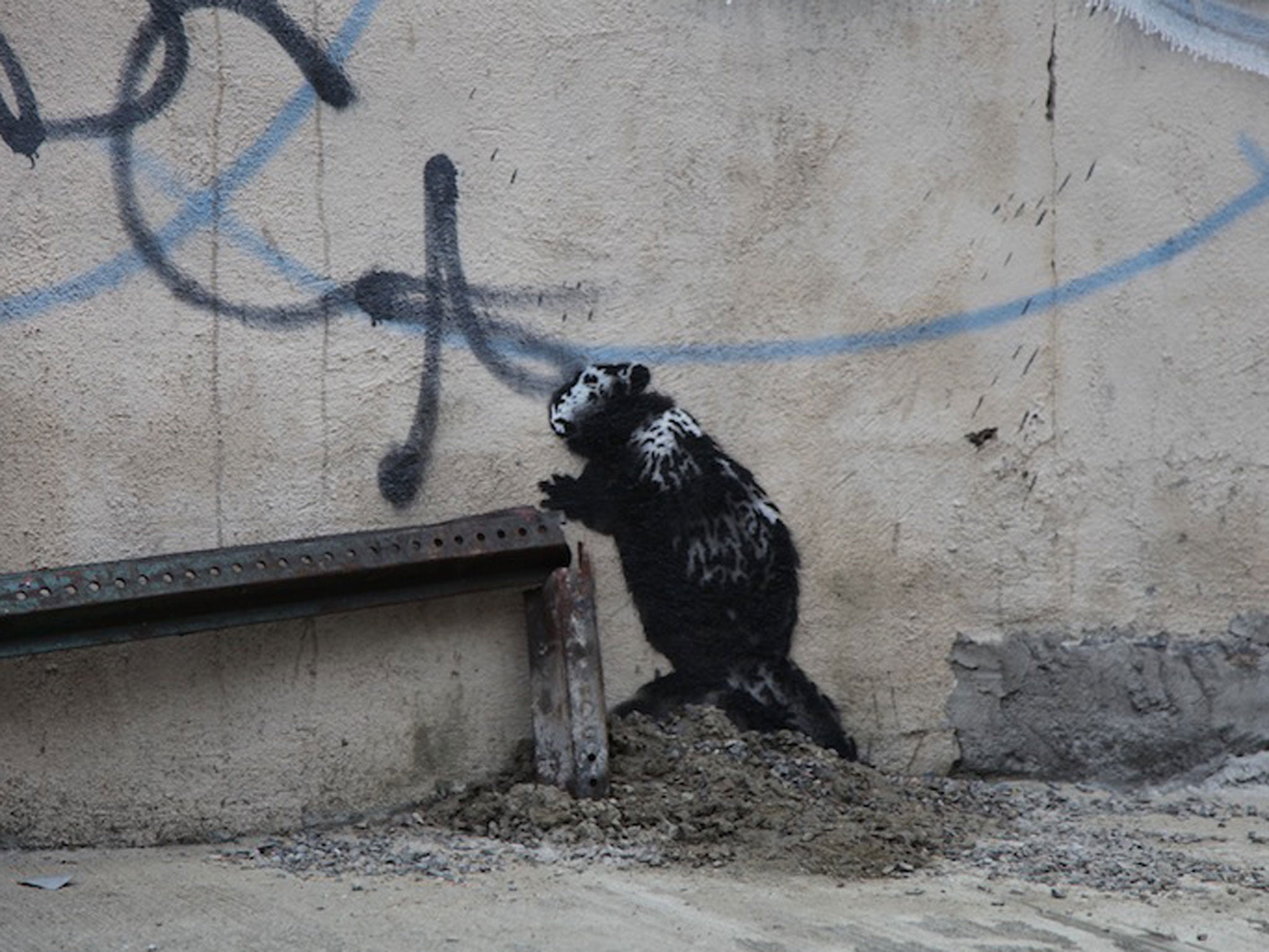 A close-up of Bansky's beaver, a new artwork that a group of men are stopping people from seeing unless they pay up