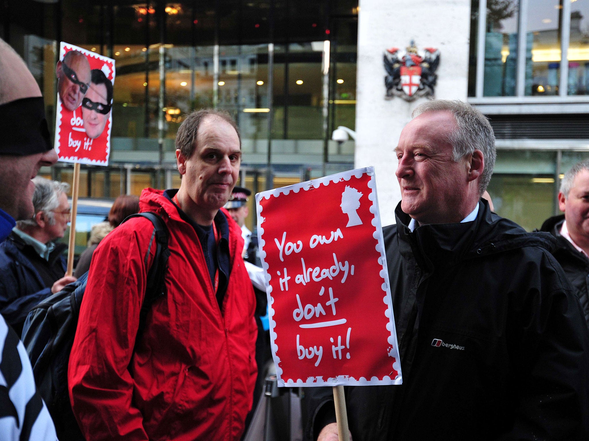 Protesters take part in a demonstration by the Communication Workers Union against Royal Mail privatisation outside the London Stock Exchange