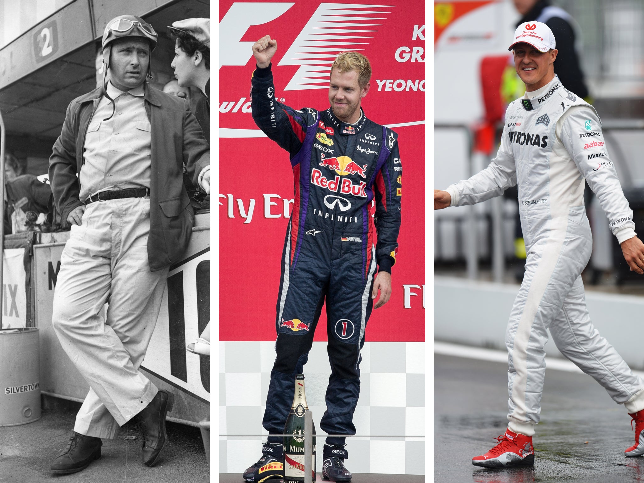 (L-R) Juan Manuel Fangio, Sevastian Vettel and Michael Schumacher