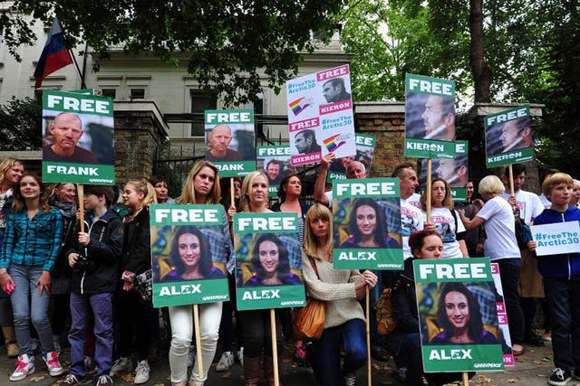 Green protest: Supporters of the detainees outside London’s Russian embassy