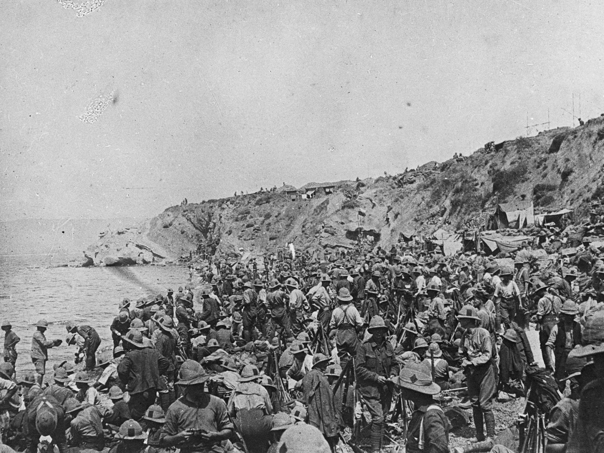 British troops after landing at Suvla on the Aegean coast of the Gallipoli peninsula in Turkey, before the August offensive