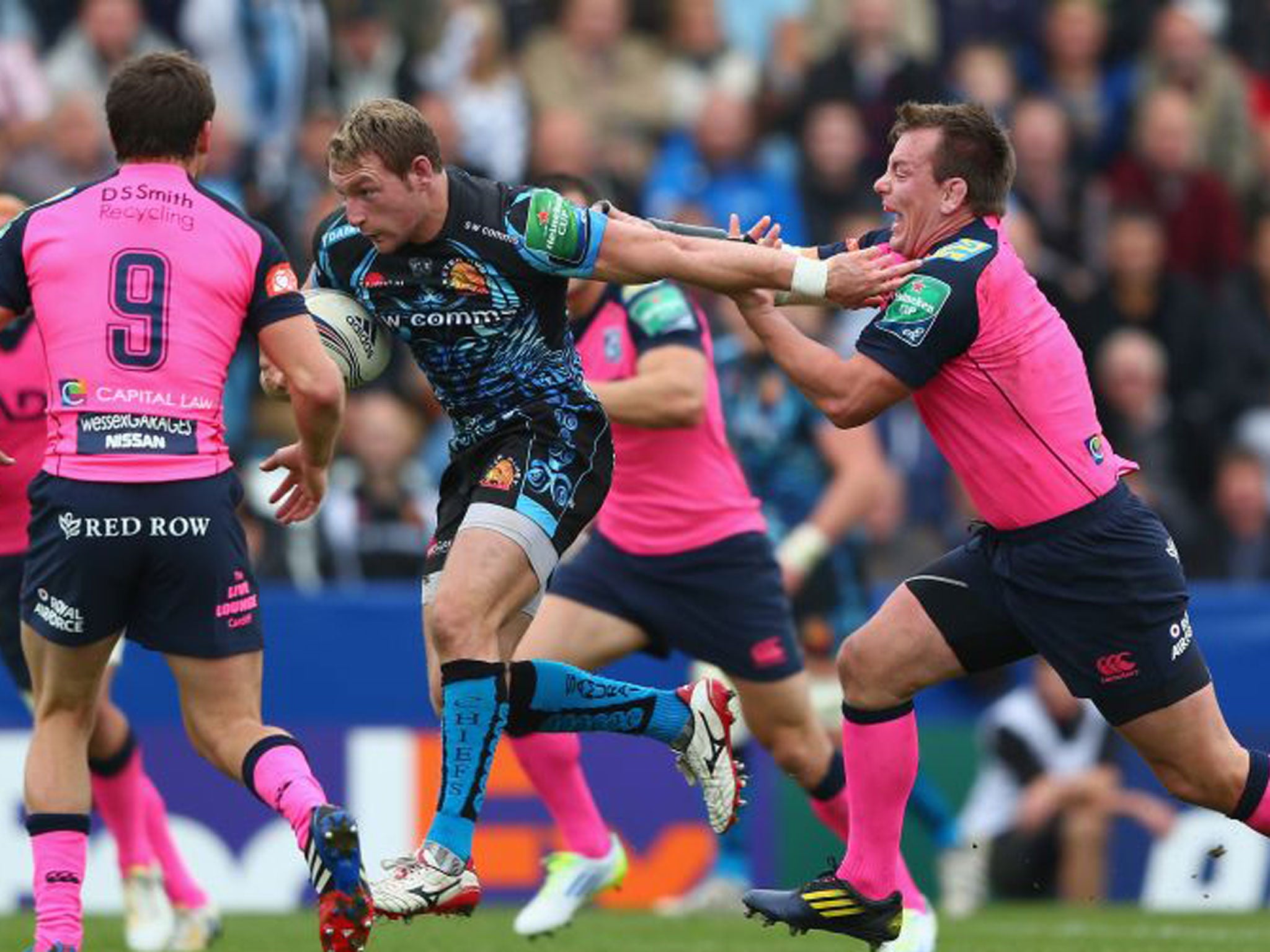 Exeter wing Matt Jess blasts through the Cardiff defence to score a try at Sandy Park