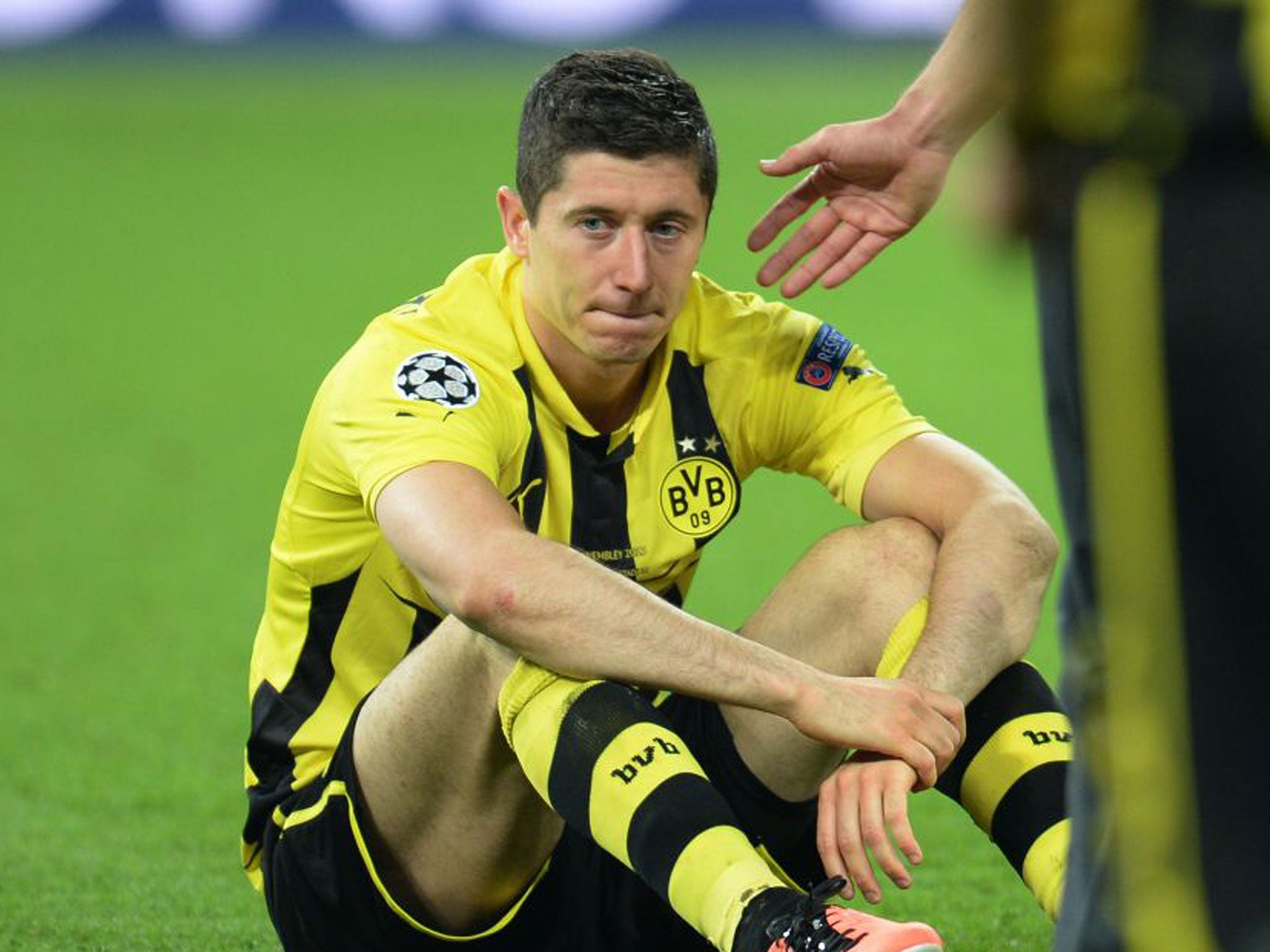 Robert Lewandowski feels the pain of Borussia Dortmund’s defeat by Bayern Munich in the Champions League final at Wembley in May