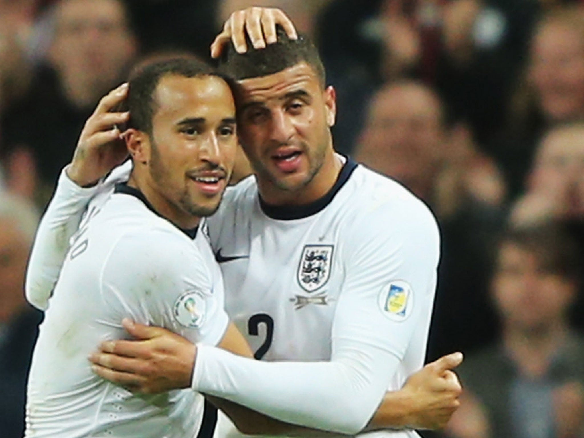 Andros Townsend celebrates with Kyle Walker after the former scored on his England debut