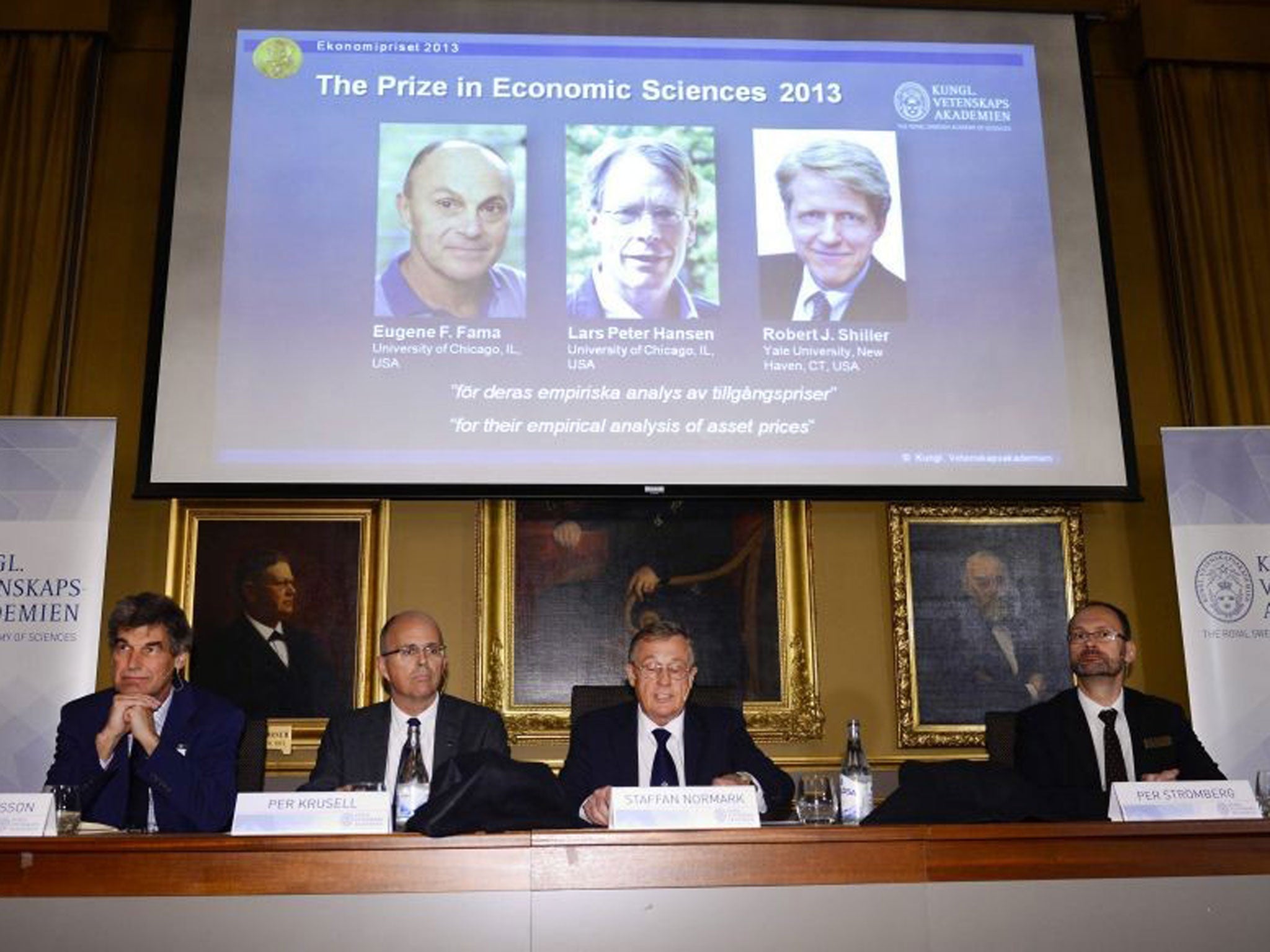 The 2013 Nobel prize for economics has been awarded to the American trio of Eugene Fama, Lars Peter Hansen and Robert Shiller