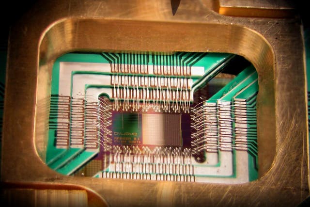 A close-up of a quantum computing chip used by a D Wave computer.