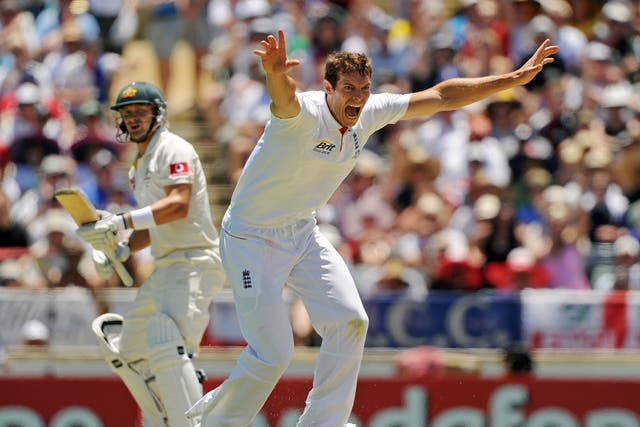 Chris Tremlett appeals for lbw against Shane Watson at the Waca in Perth in 2010