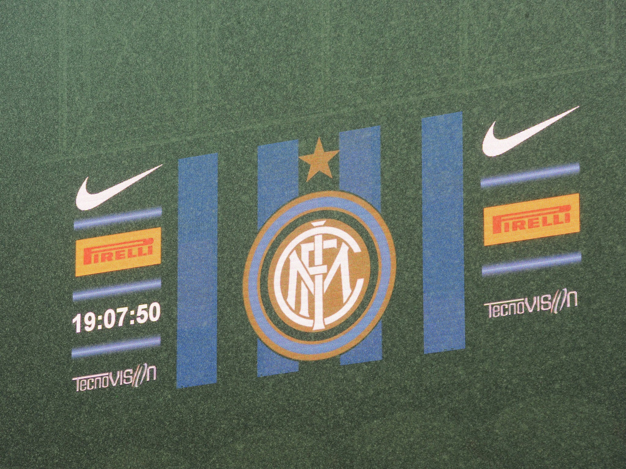 A view of the scoreboard at the San Siro depicting the badge of Inter Milan
