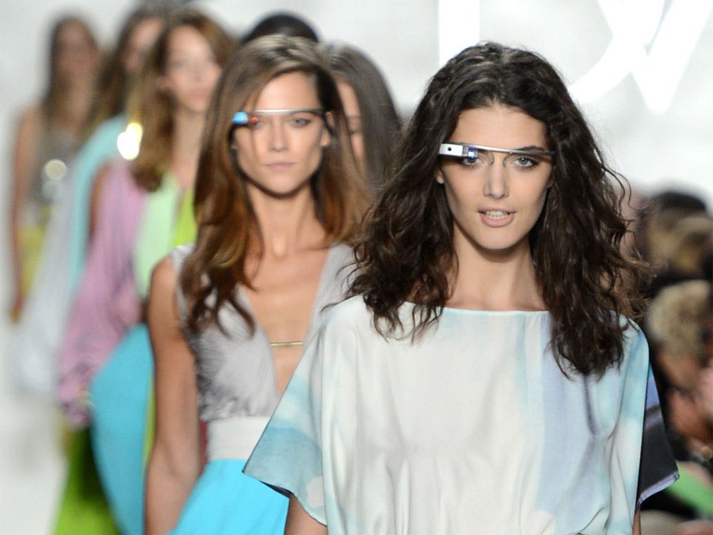 Diane von Furstenberg models in futuristic glasses at last autumn’s New York Fashion Week