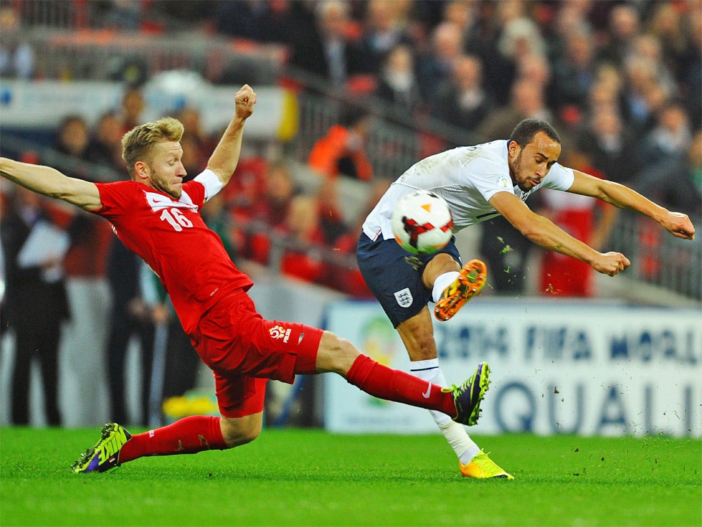 Andros Townsend's curling effort clattered against the bar (Getty)