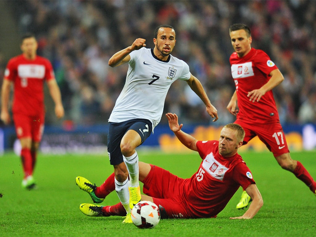 Andros Townsend runs at the Polish defence in thrilling style
