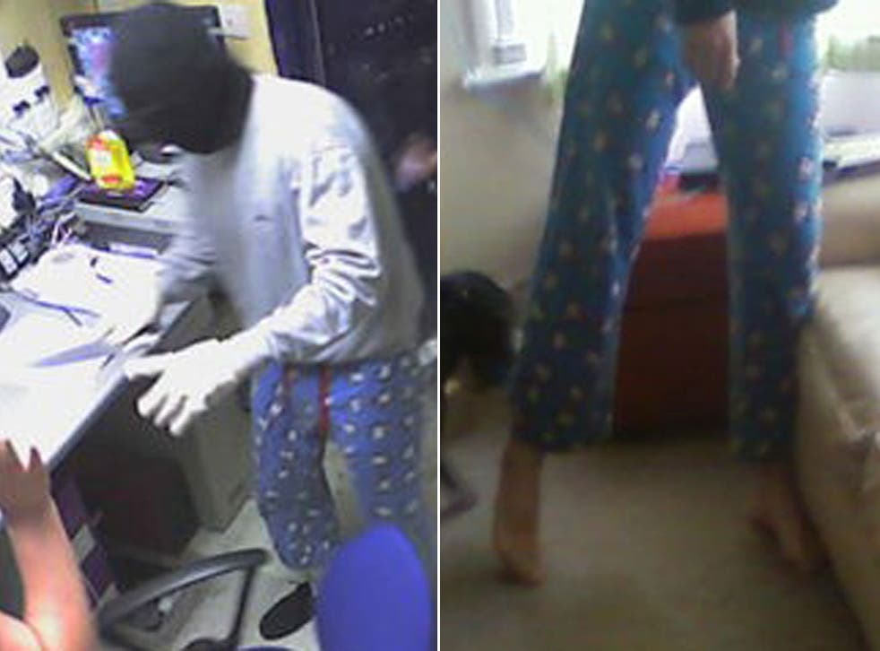 CCTV footage from one of the robberies (left), and a 'selfie' picture taken by one of the accused men wearing the same pyjamas