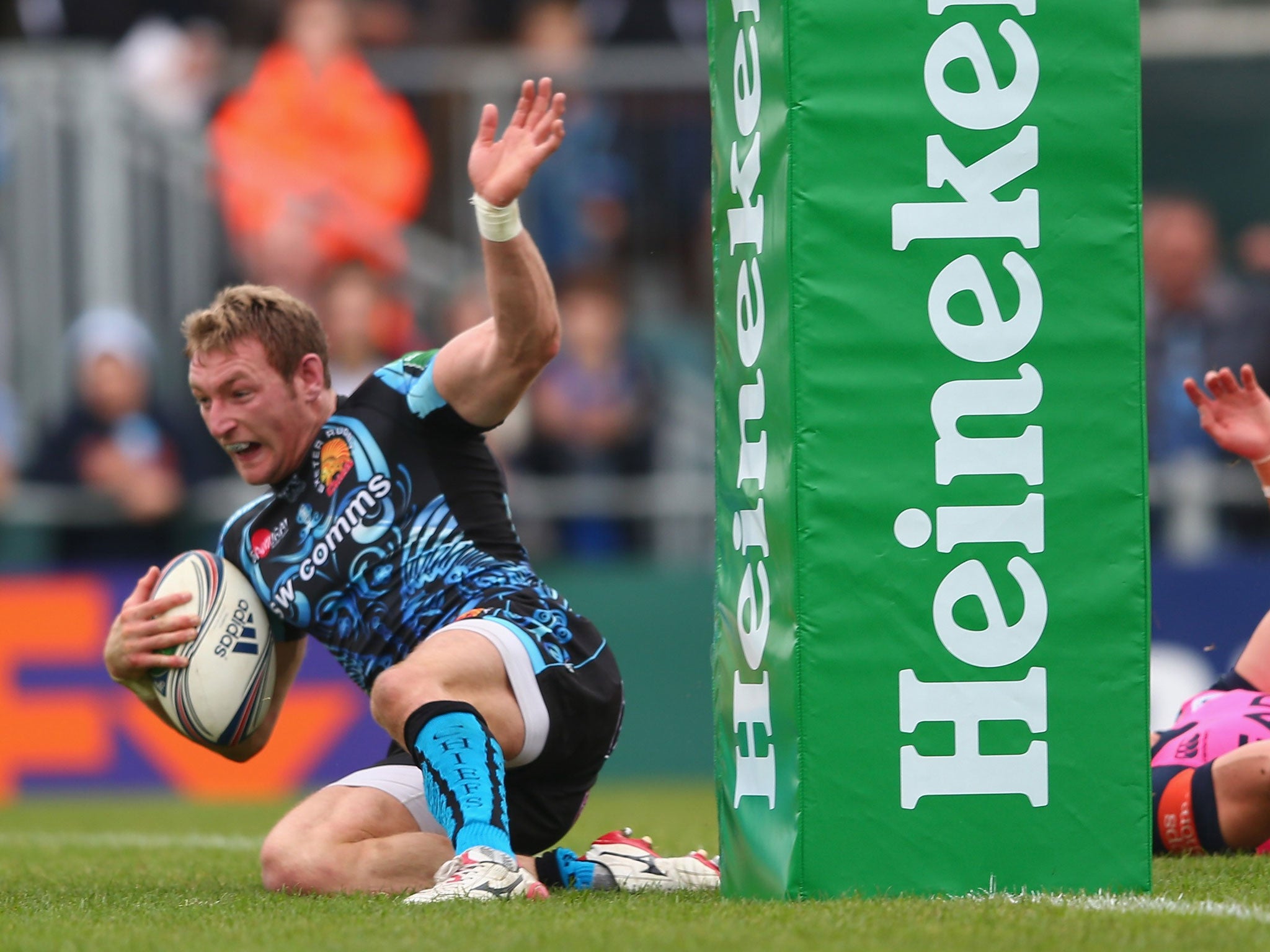 Matt Jess scores for Exeter during their battering of Cardiff during the opening round of Heineken Cup matches