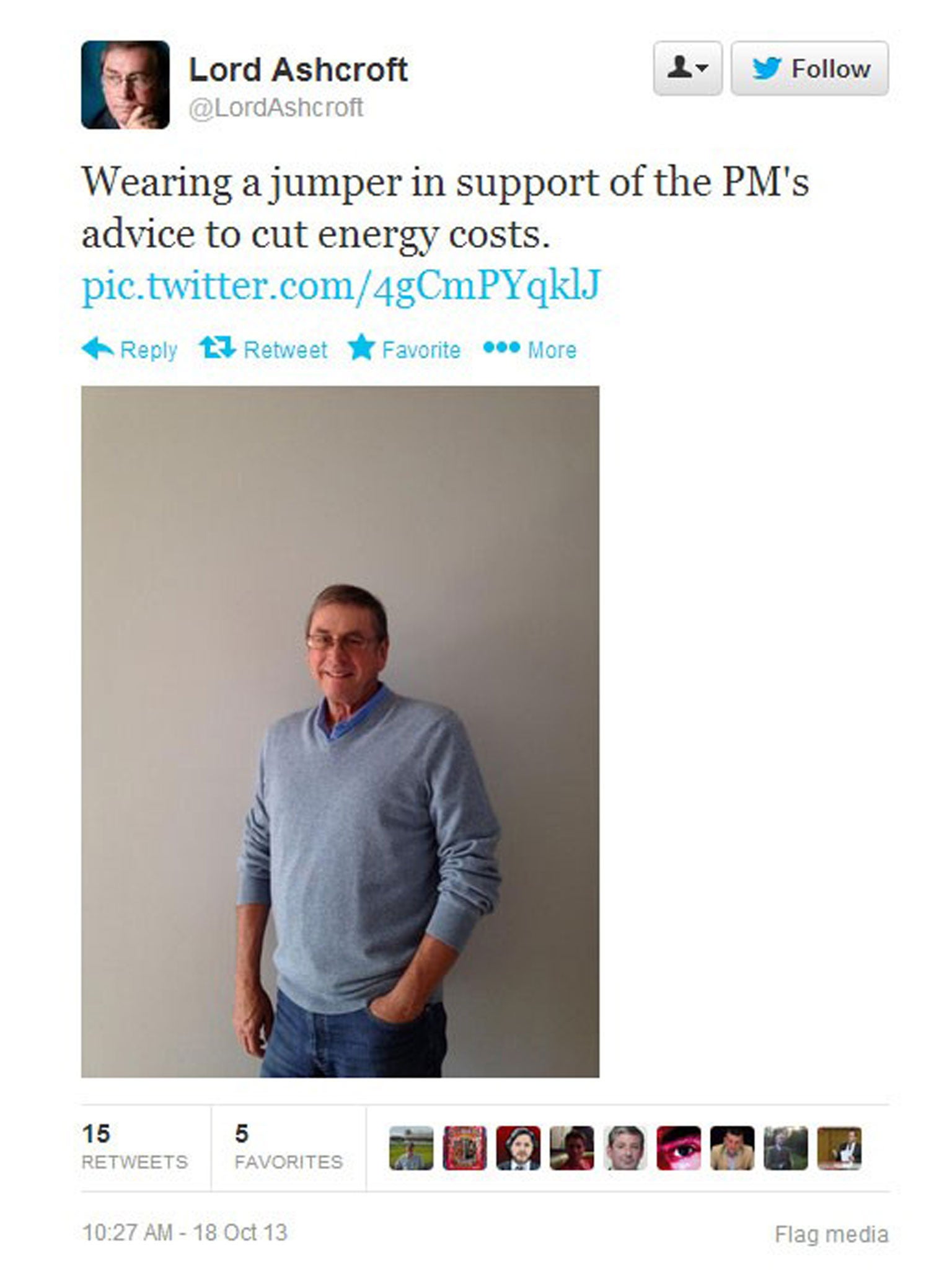 Lord Ashcroft tweeted a picture of himself in a jumper