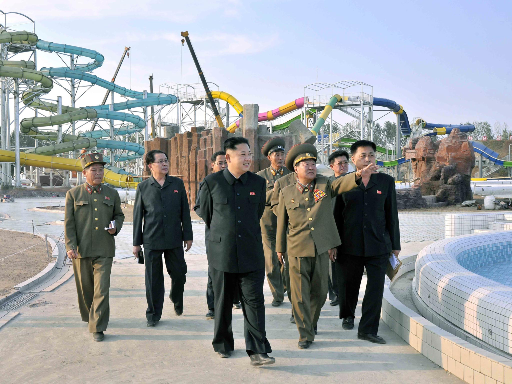 North Korean leader Kim Jong-il (centre) touring the construction site of the Munsu Swimming Complex in Pyongyang, North Korea back in September 