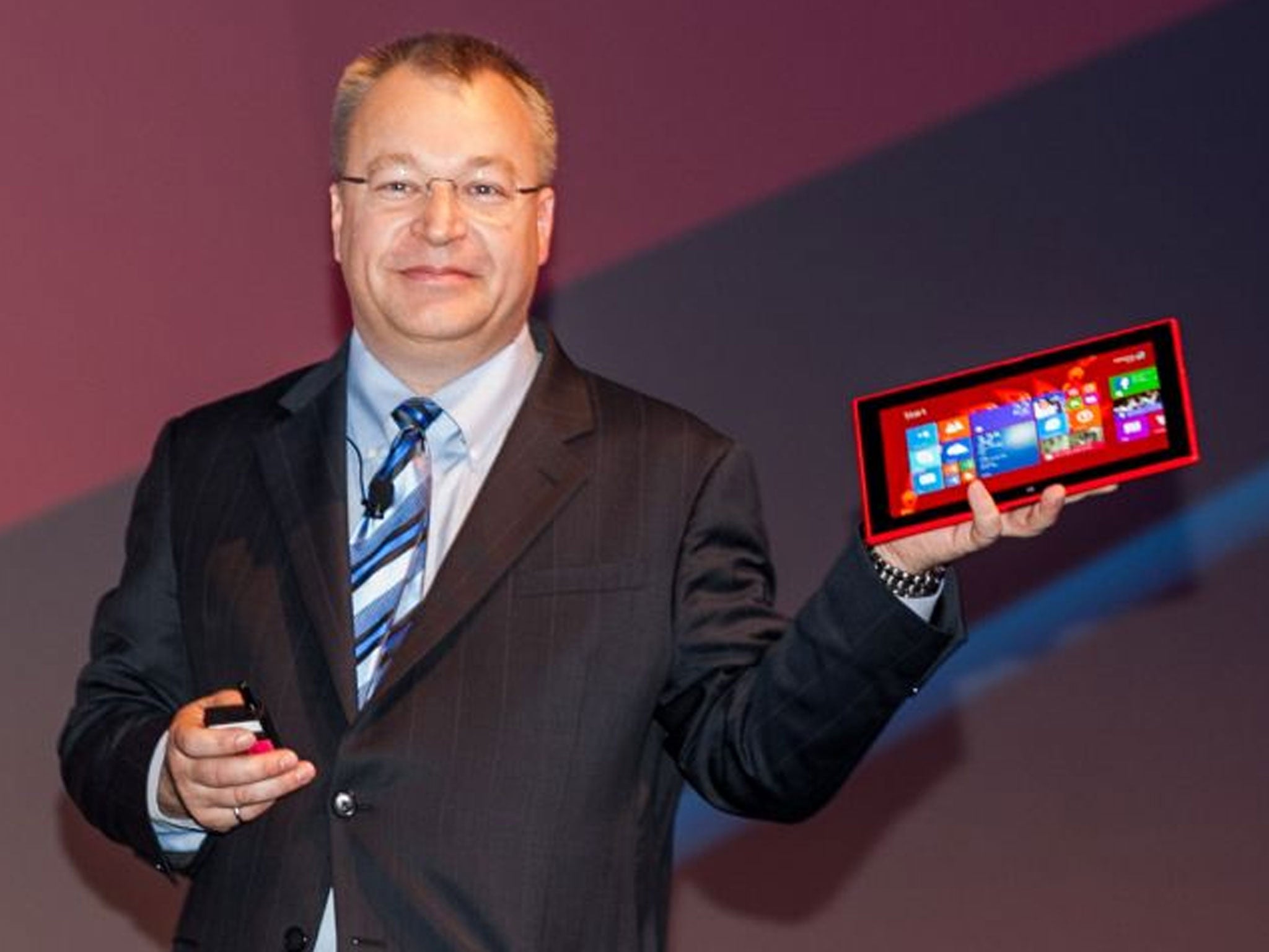 Nokia CEO Stephen Elop holds the $499 Lumia 2520 at Nokia World.