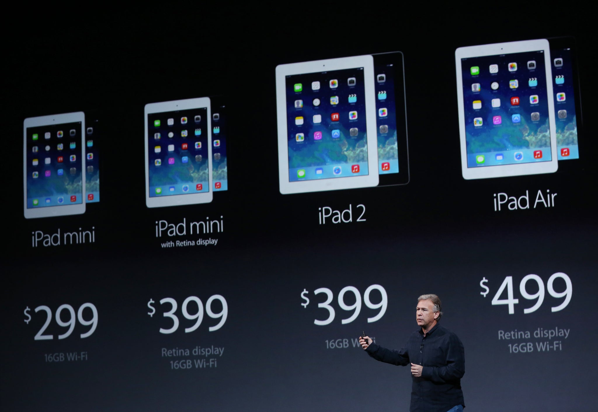 Phil Schiller onstage in San Francisco introducing the new pricing range for the iPad mini, iPad 2 and iPad Air.