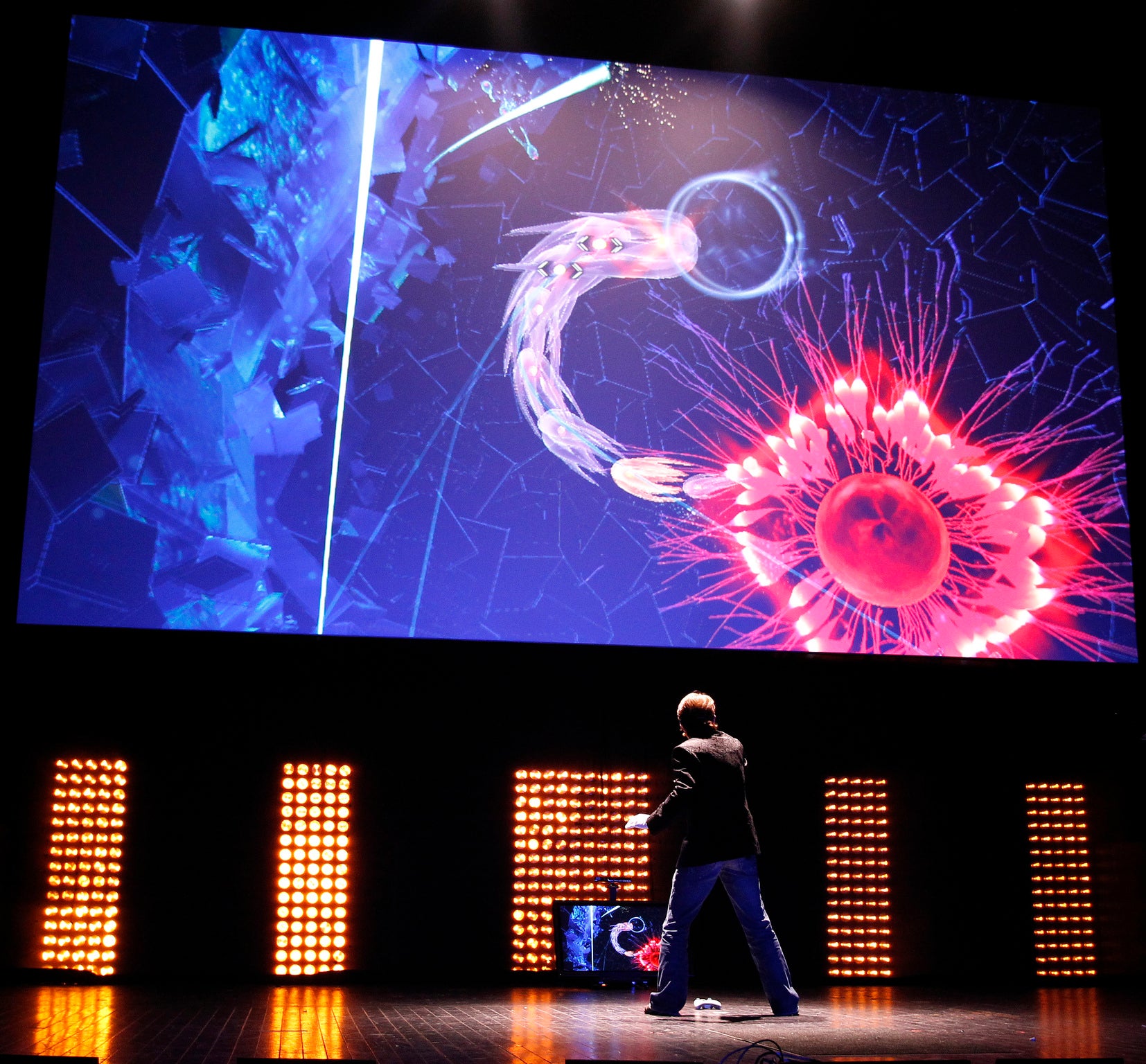 Current time of flight controllers include the Kinect controller for the Xbox - seen here controlling a neon snake at E3 in 2010.