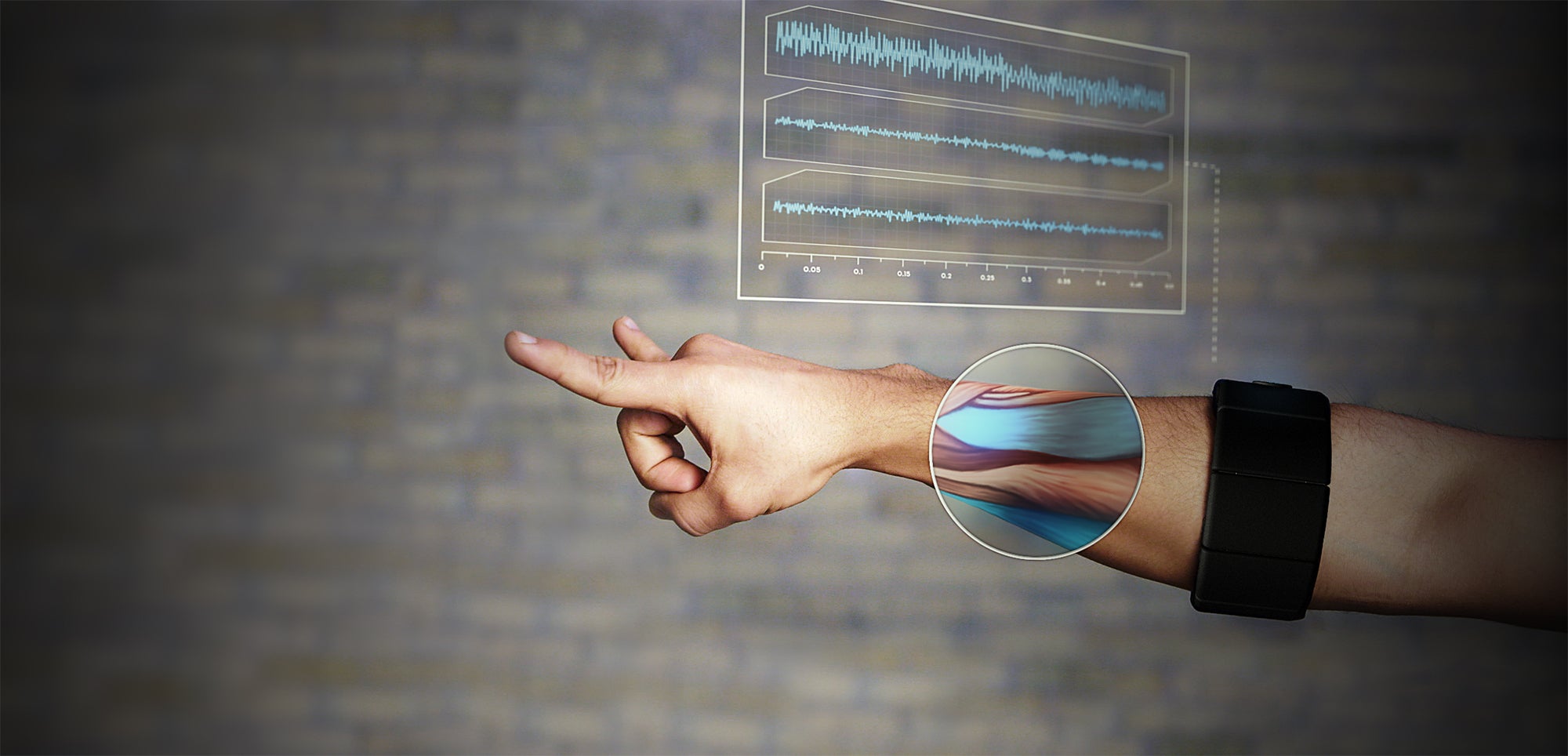 The MYO from Thalmic Labs (above) recognises specific gestures to perform actions. In the image above the user is telling his computer to 'play Pantera'.