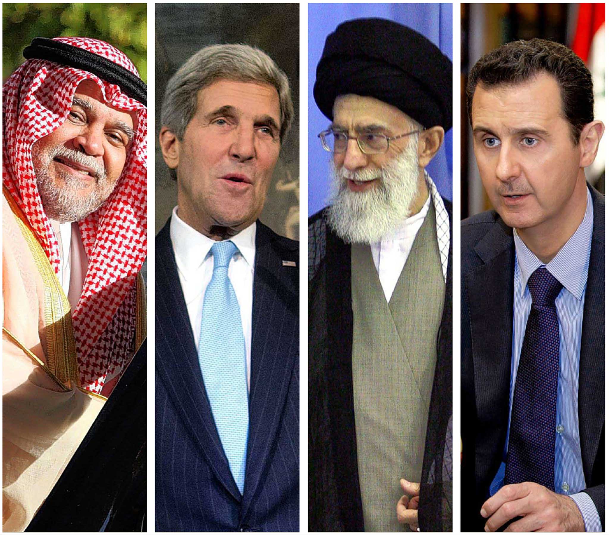 (From left) Prince Bandar bin Sultan, Saudi intelligence chief; US Secretary of State John Kerry; Iran’s Ayatollah Khamenei and Syria’s President, Bashar al-Assad
