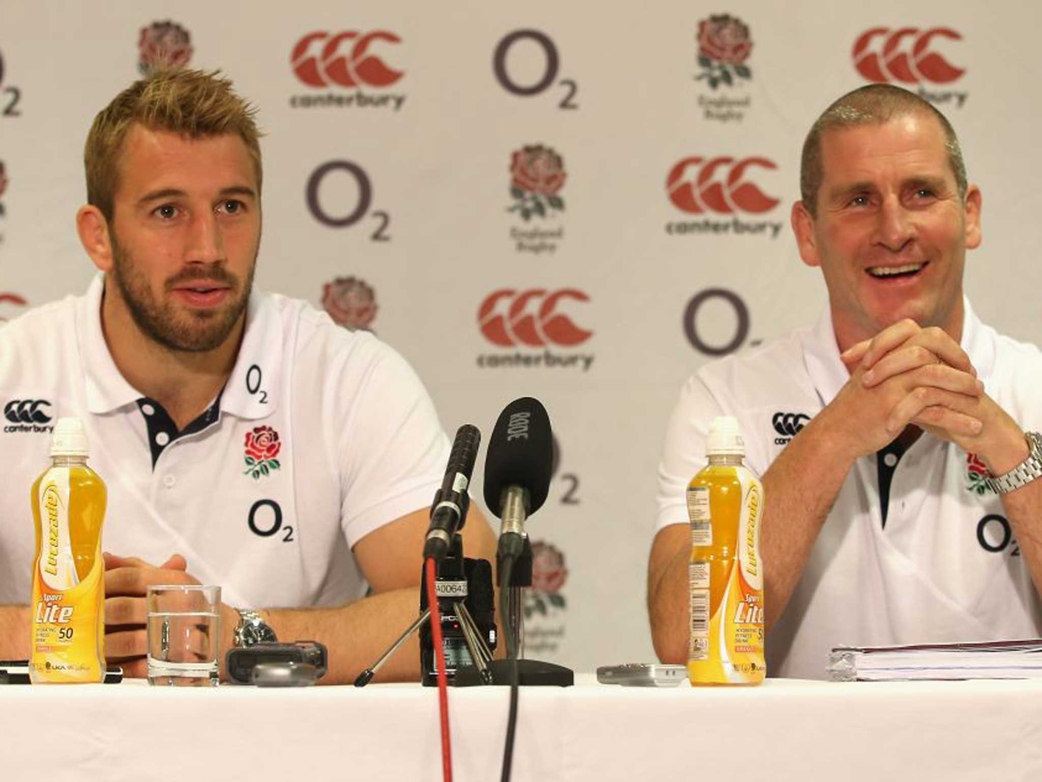 England captain Chris Robshaw (left) and coach Stuart Lancaster face the media in Leeds yesterday