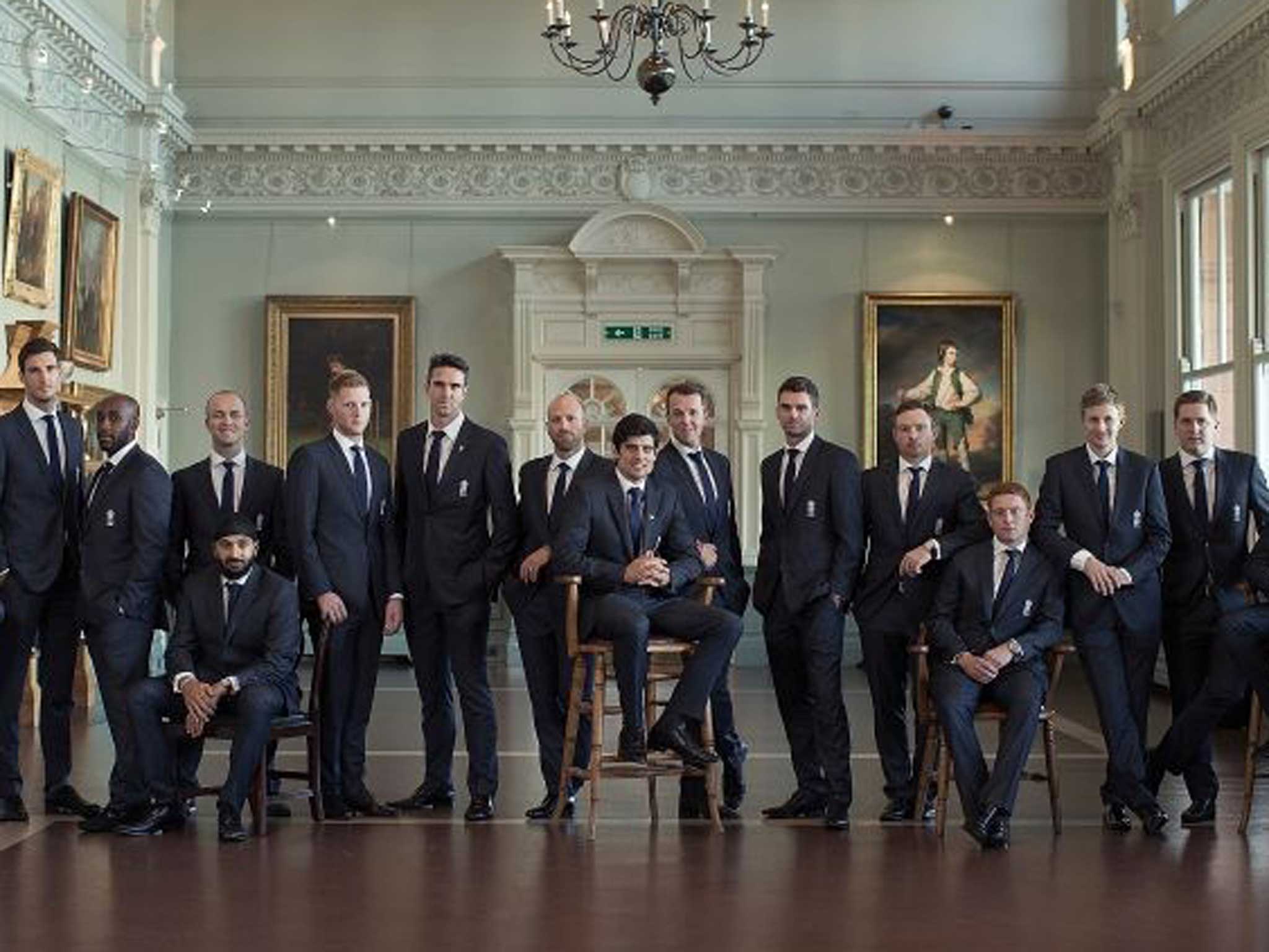 Members of the England team including Monty Panesar (bottom left) and Alastair Cook (centre seated) at Lord’s yesterday