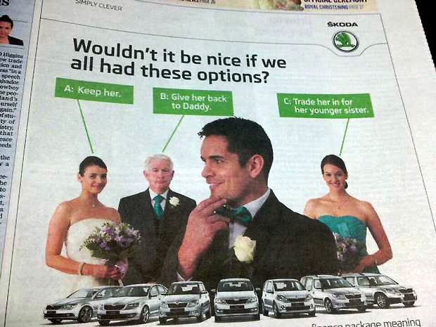 An advert from Skoda Ireland which features a groom weighing up the option of 'trading in' his bride
