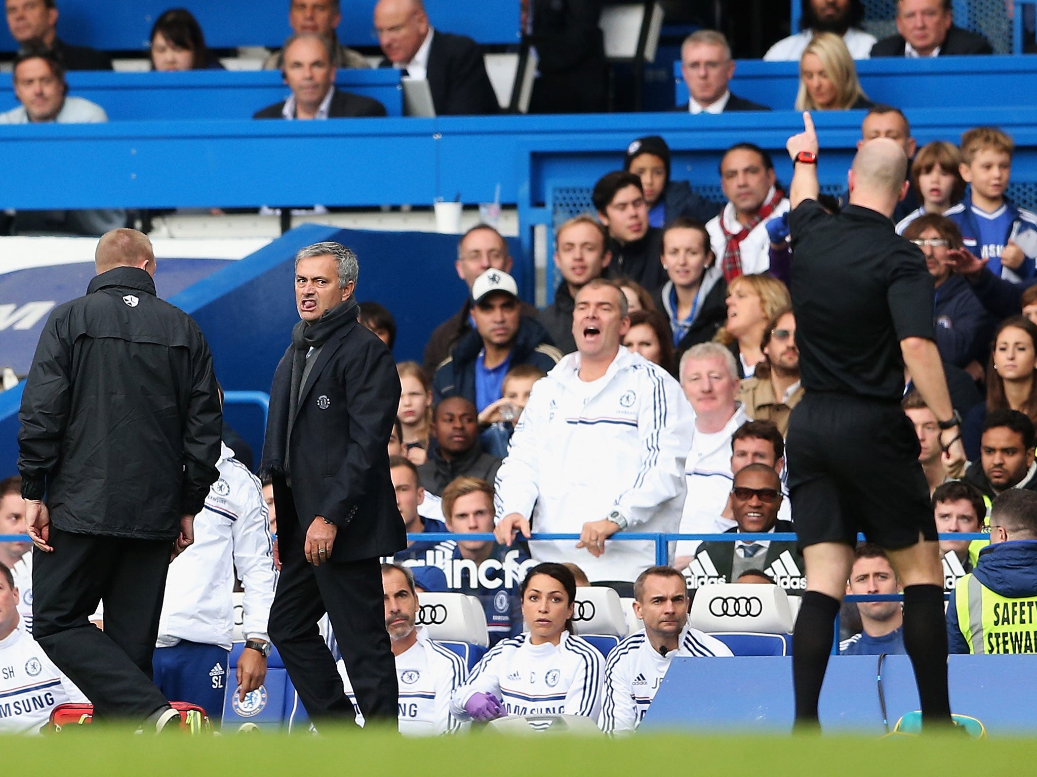 Chelsea manager Jose Mourinho is sent off by referee Anthony Taylor during the Barclays Premier League match between Chelsea and Cardiff City