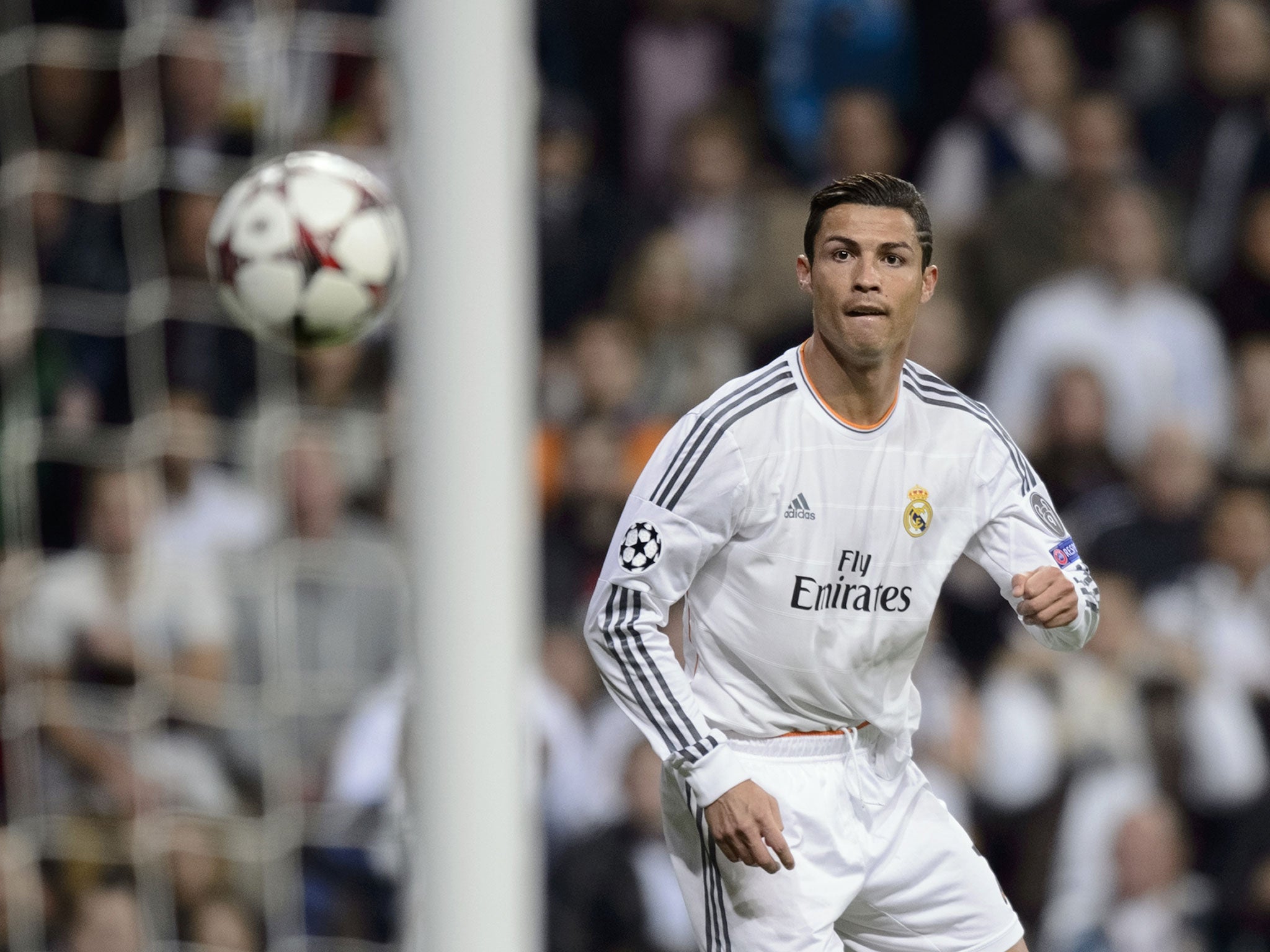 Real Madrid's Portuguese forward Cristiano Ronaldo scores