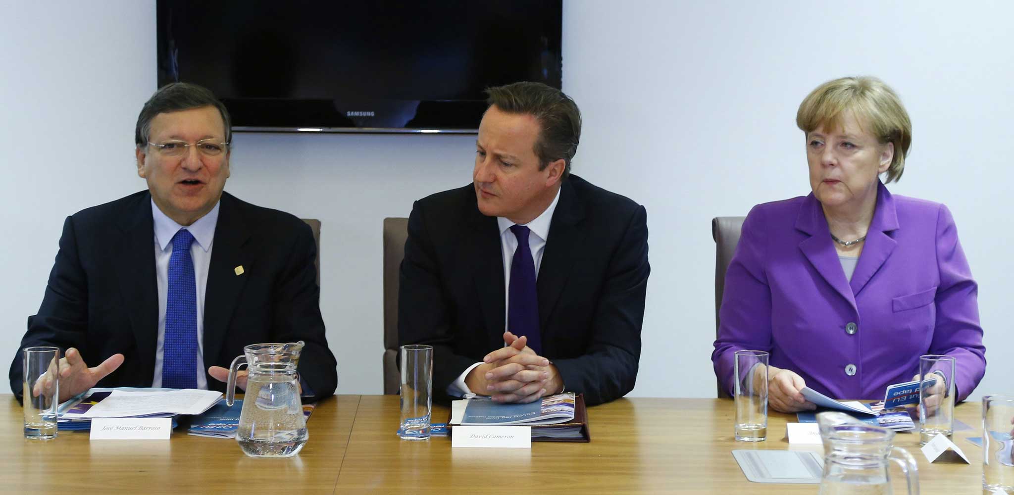 From left: European Commission President Jose Manuel Barroso, Prime Minister David Cameron and Germany's Chancellor Angela Merkel