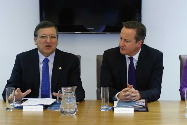 From left: European Commission President Jose Manuel Barroso,  Prime Minister David Cameron and Germany's Chancellor Angela Merkel