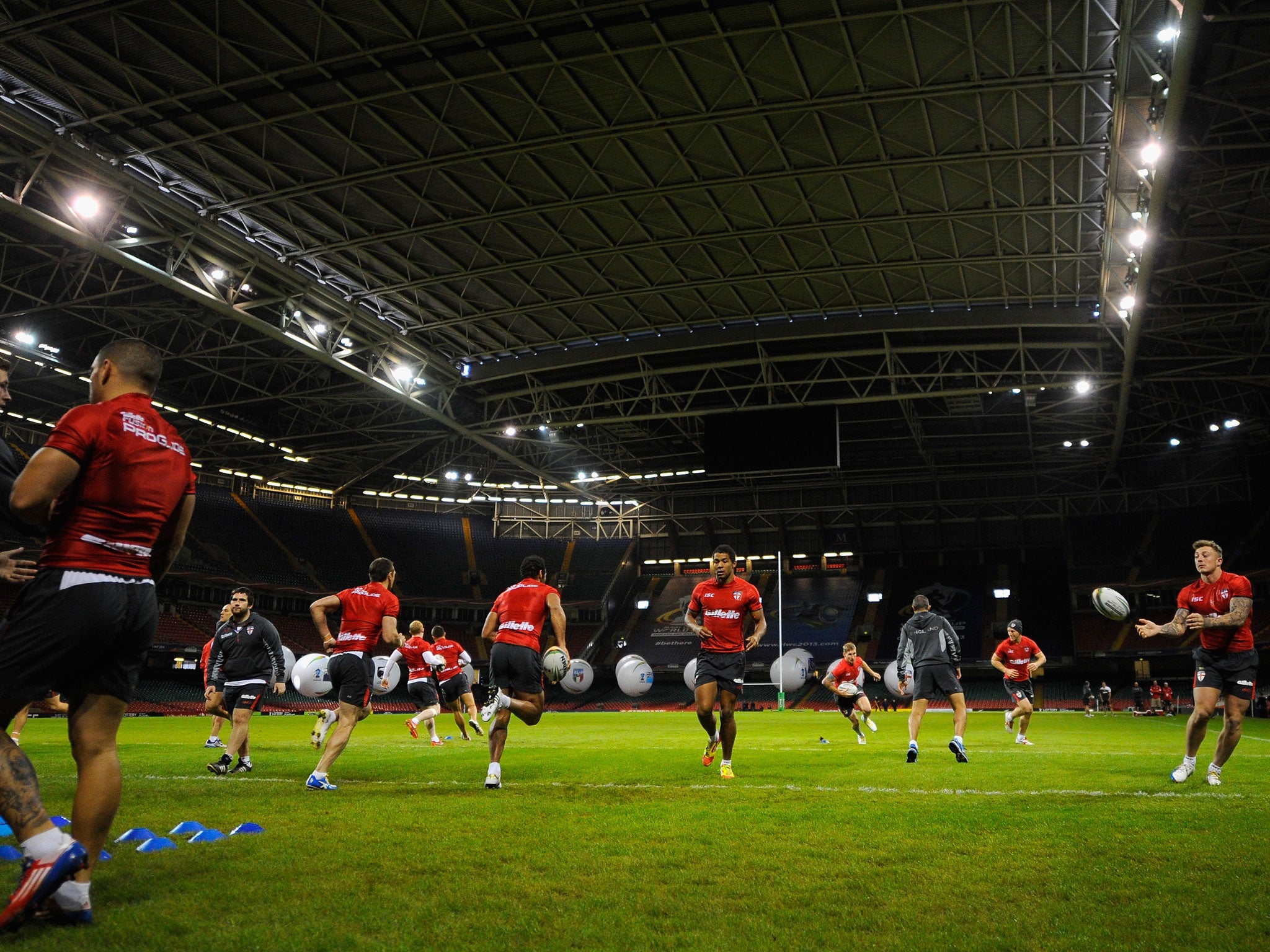 England practise under the closed roof of the Millennium Stadium
