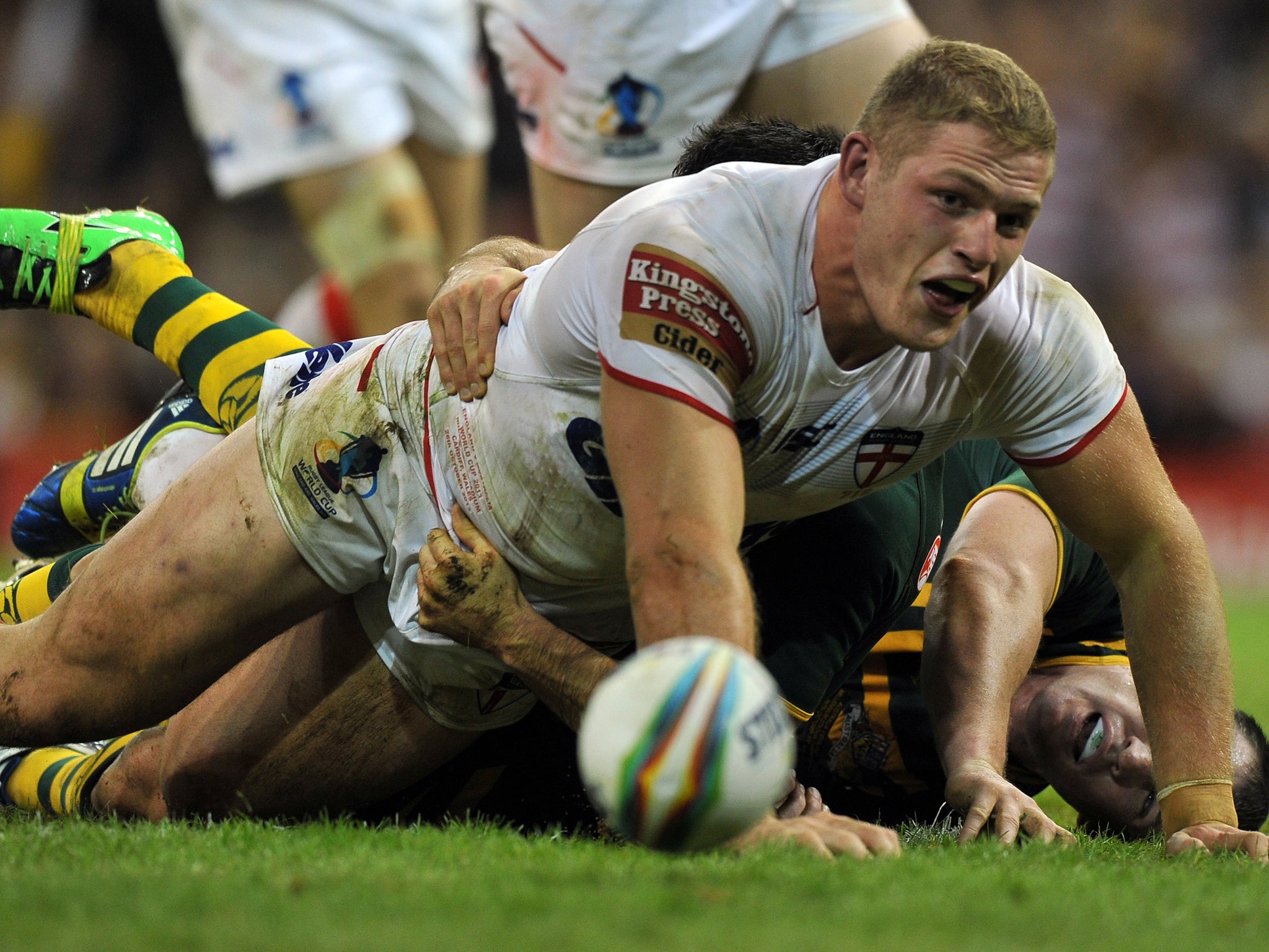 England's George Burgess scores on his England debut, having already had an effort chalked off