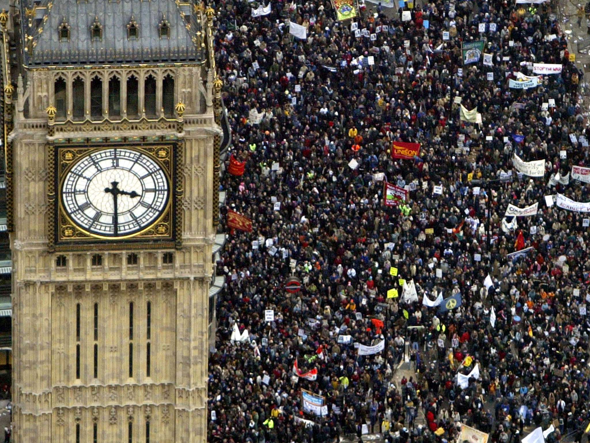 Millions marching in London as part of a campaign to prevent the Iraq invasion in 2003