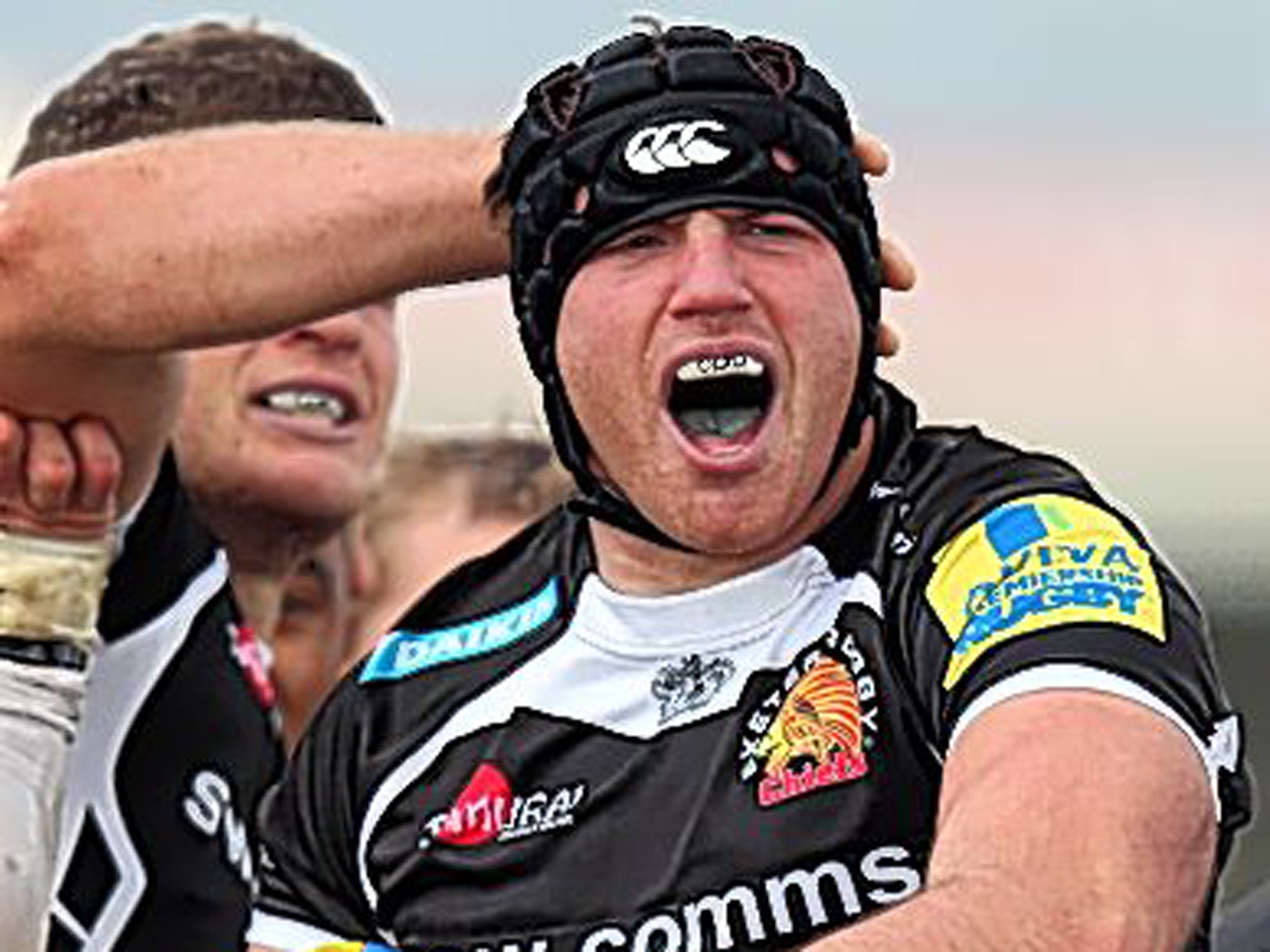 Ben White celebrates after scoring for the Exeter Chiefs
