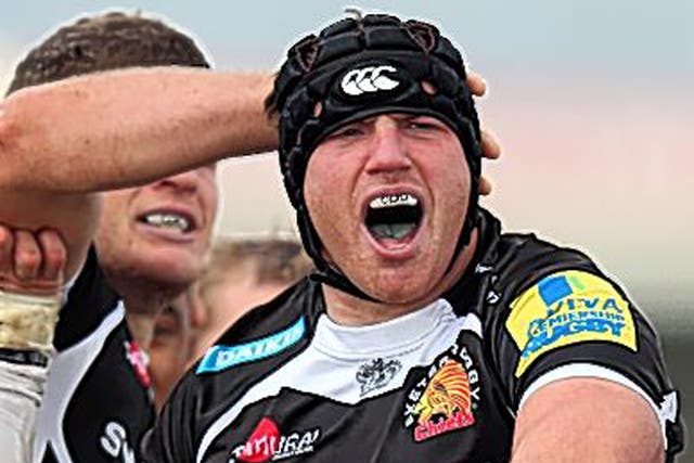 Ben White celebrates after scoring for the Exeter Chiefs