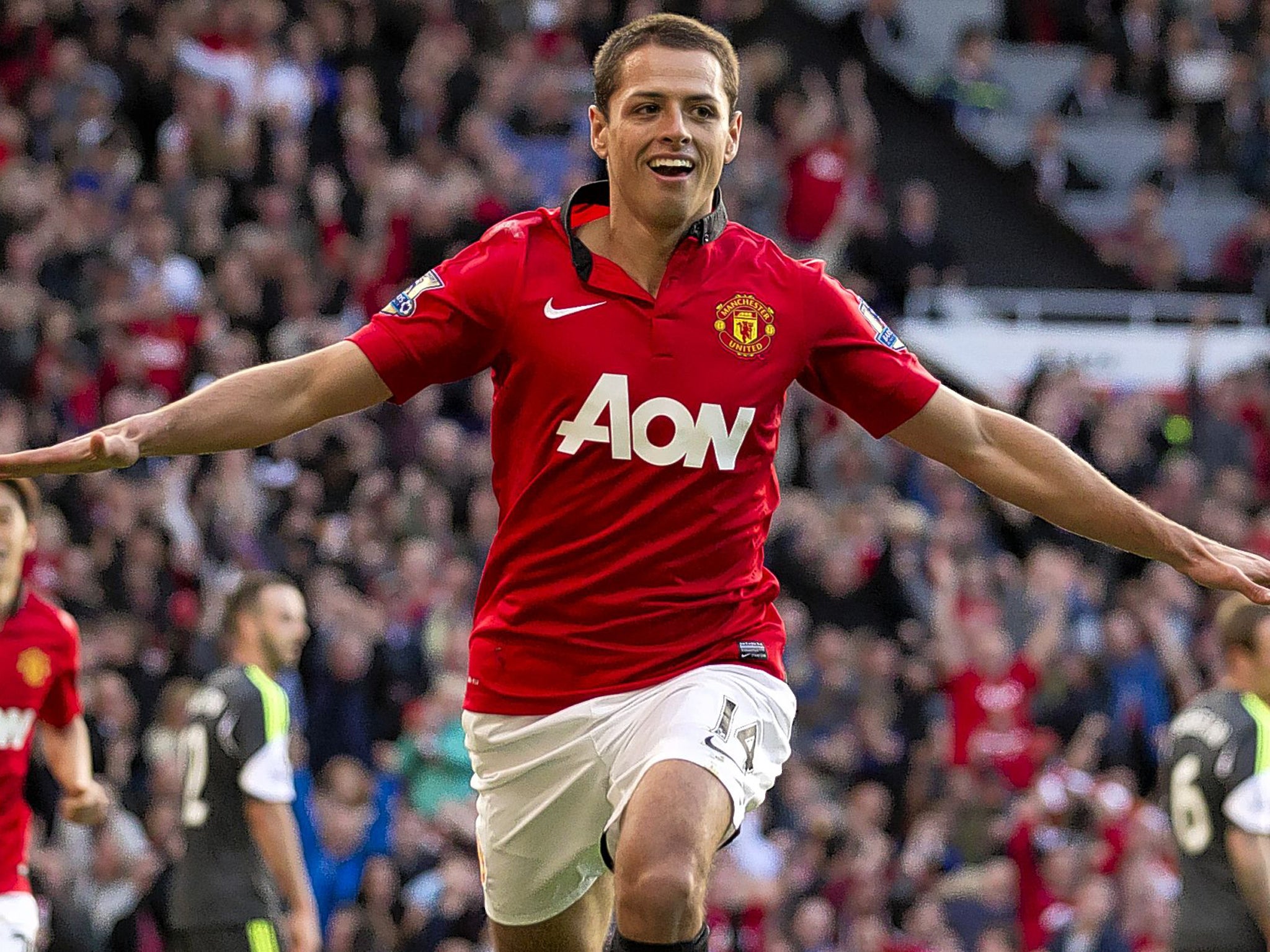 Cleared for take-off: Javier Hernandez scores Manchester United’s late winner against Stoke City yesterday which David Moyes hopes will help kick-start the team’s Premier League season
