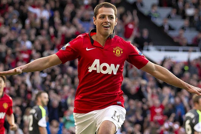 Cleared for take-off: Javier Hernandez scores Manchester United’s late winner against Stoke City yesterday which David Moyes hopes will help kick-start the team’s Premier League season