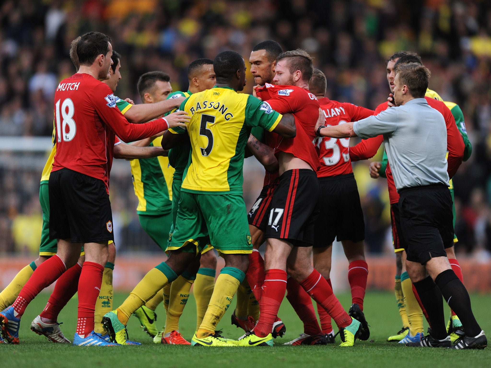 Norwich and Cardiff players clash as the game ends in controversy.