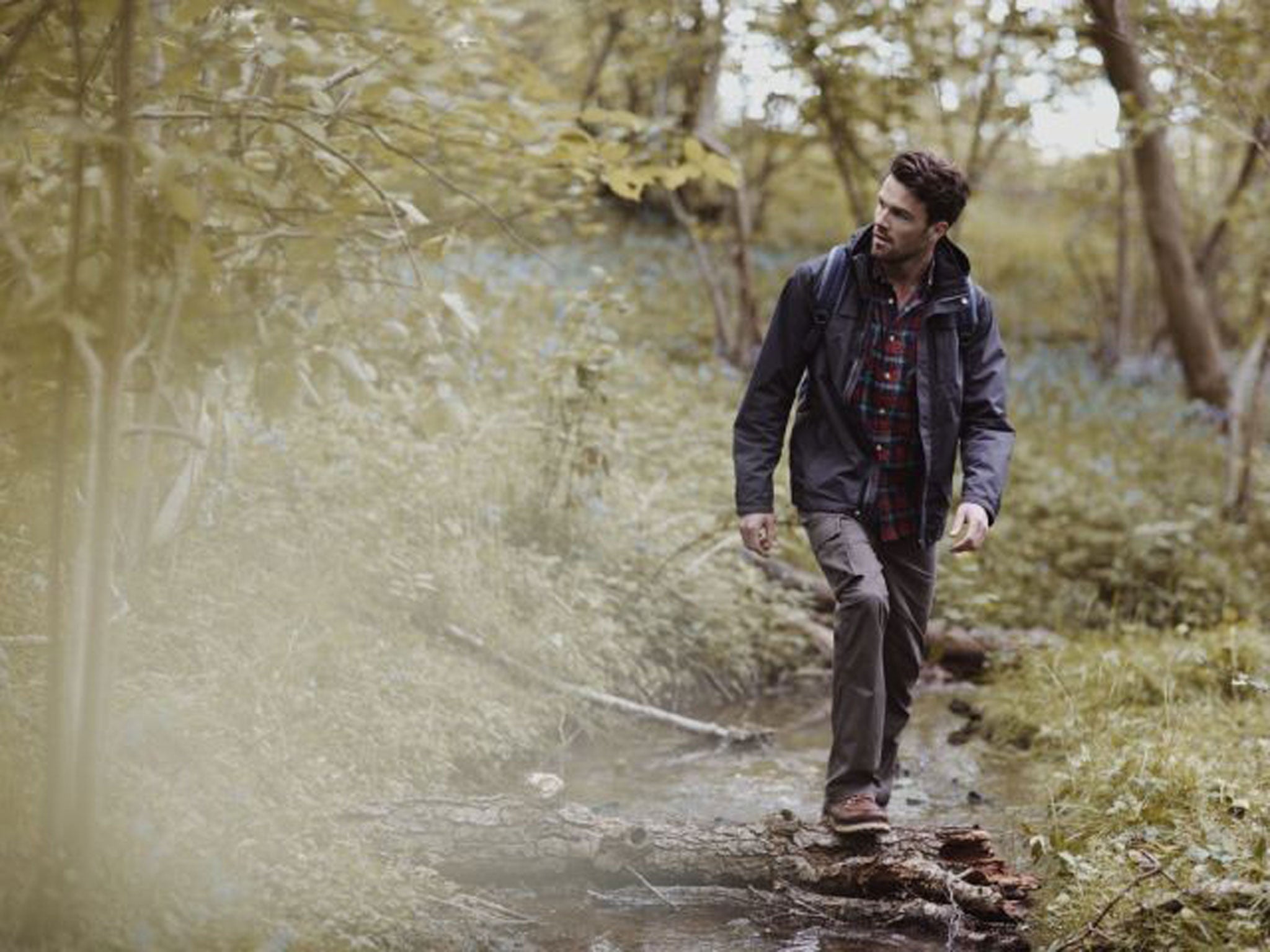 Model wears checked shirt £49; navy hiker jacket,£95, cargo trouser £55; all clothing Army &amp; Navy