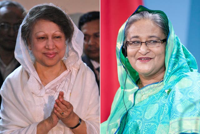 Khaelda Zia, left, and Sheikh Hasina, right, are bitterly divided