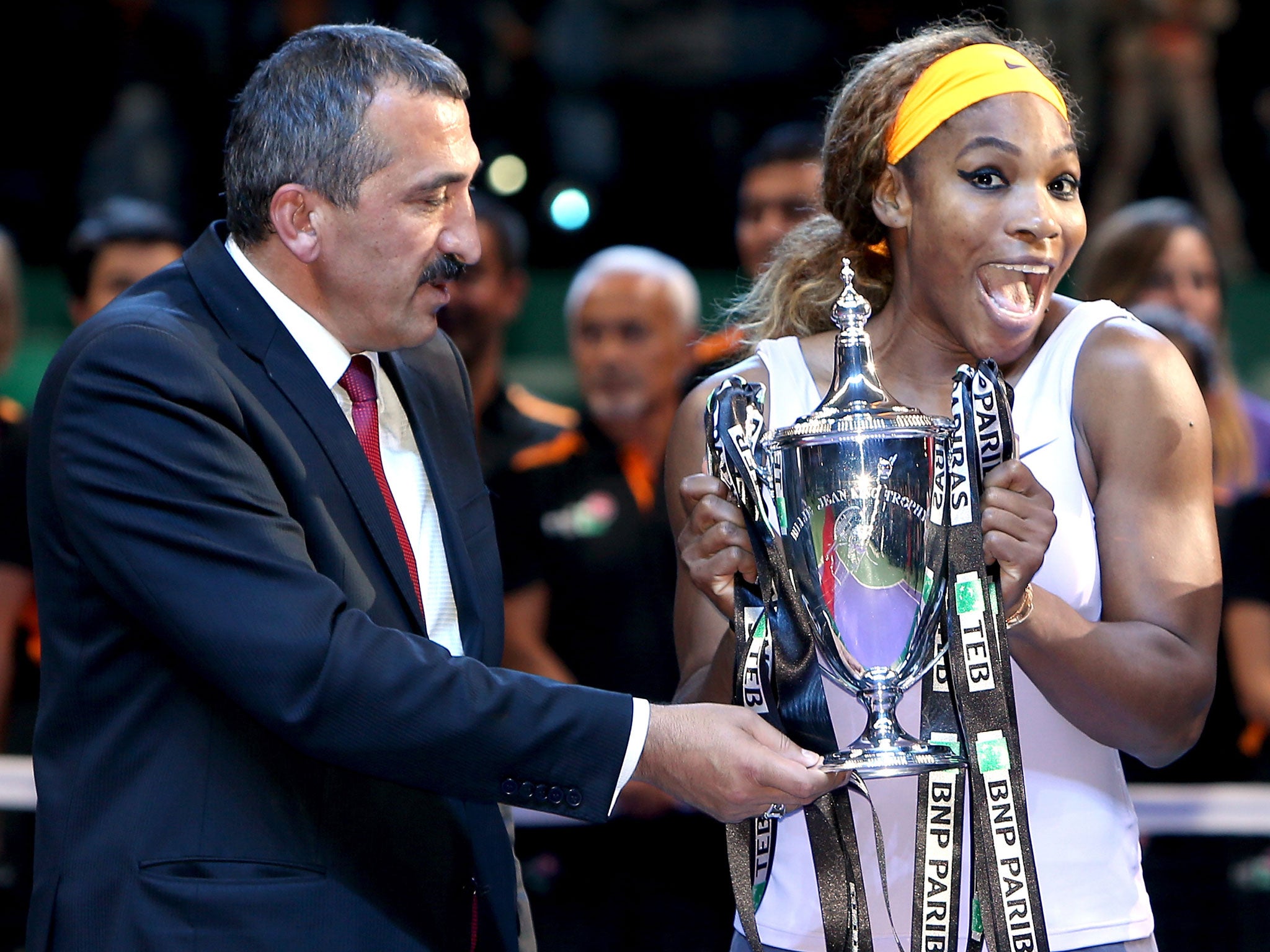 Serena Williams is presented with the Billie Jean King Trophy