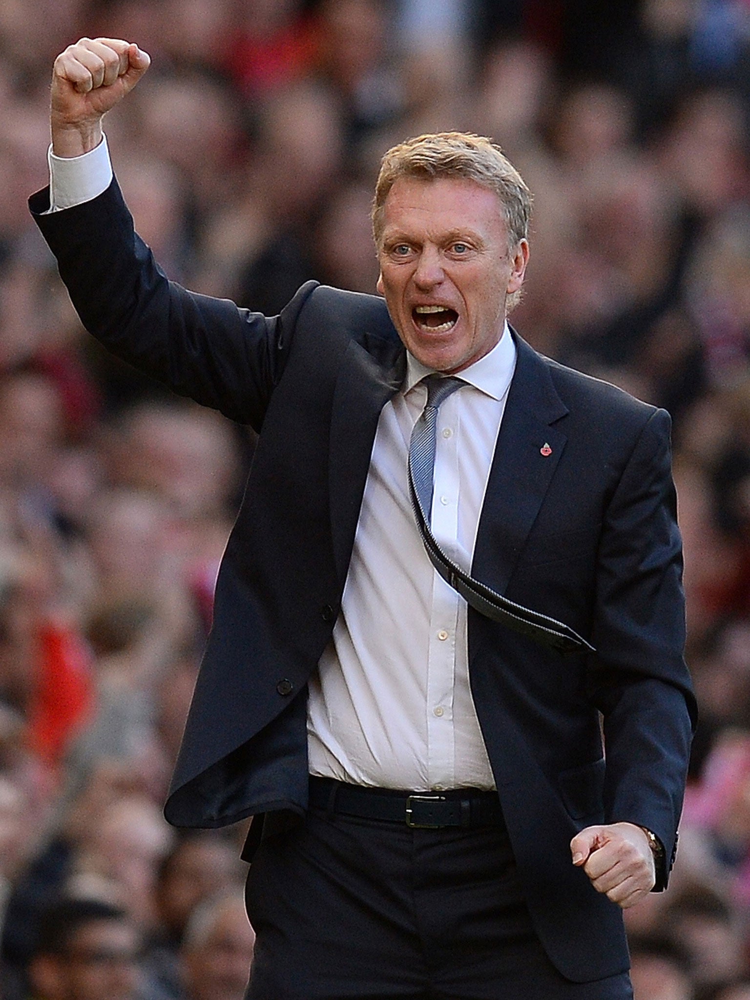 David Moyes reacts after United’s winner against Stoke