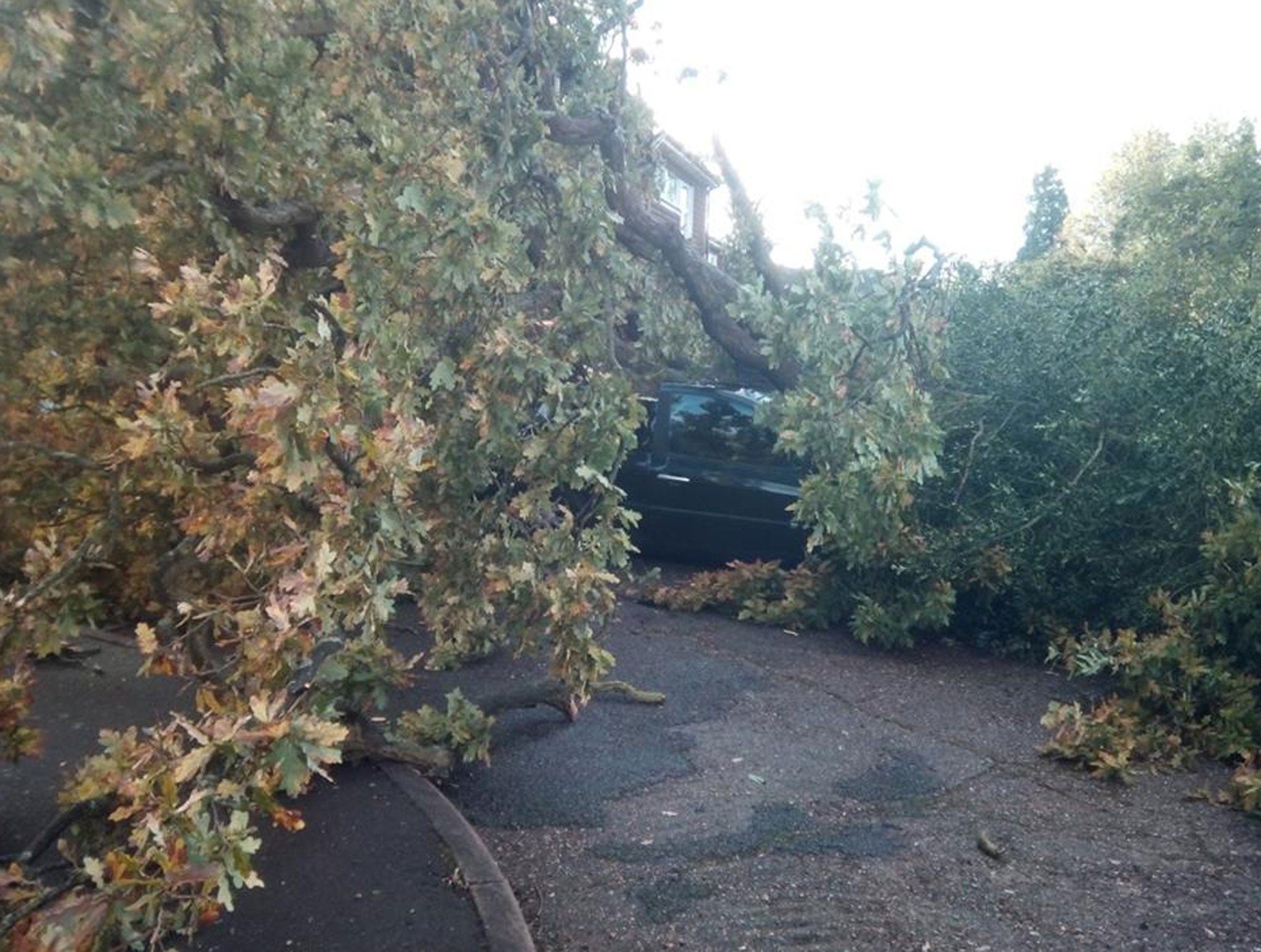 A view of one of the cars crushed in Hemel Hempstead this morning as stormy weather raged across the south
