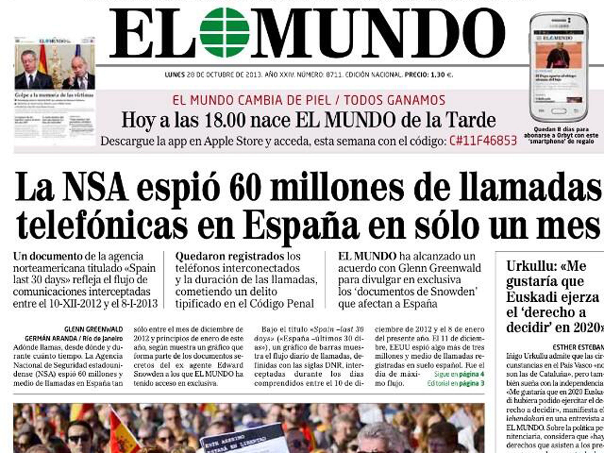 The front page of El Mundo today, 28 October, showing reports that the NSA 'hacked 60m Spanish phone calls' in the course of a month